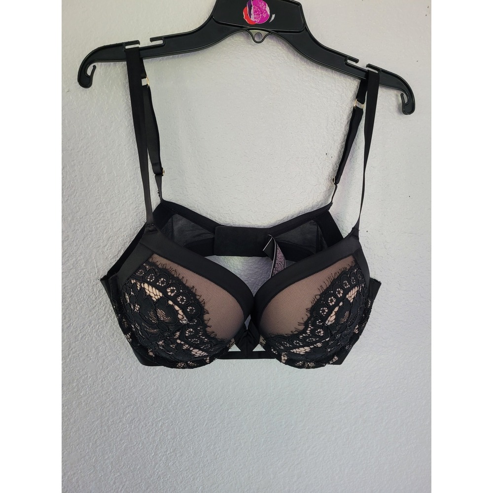 Victoria's Secret Very Sexy Push-Up Bra 36C Black Lace Mesh Gold Hardware #12